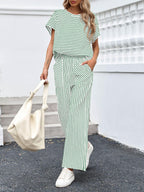 Bea | Ensemble Deux Pièces Rayé T-Shirt Manches Courtes et Pantalon Large